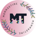 mommastime logo, letters "m" and "t" encircled by colorful leaves and the words "mommastime" with a pink gradient circle as backdrop